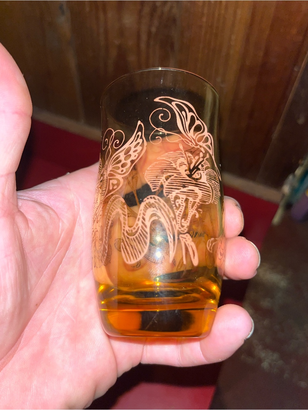 Vintage Amber Hand Blown Glass 4-1/8” Glass With Butterfly & Floral Etchings
